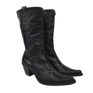 FRANCO SARTO Black Leather Western Pointed Toe Block Heel Cowboy Boots 6M